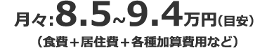 月々：8.5万円〜9.4万円（目安）（食費＋居住費＋各種加算費用など）